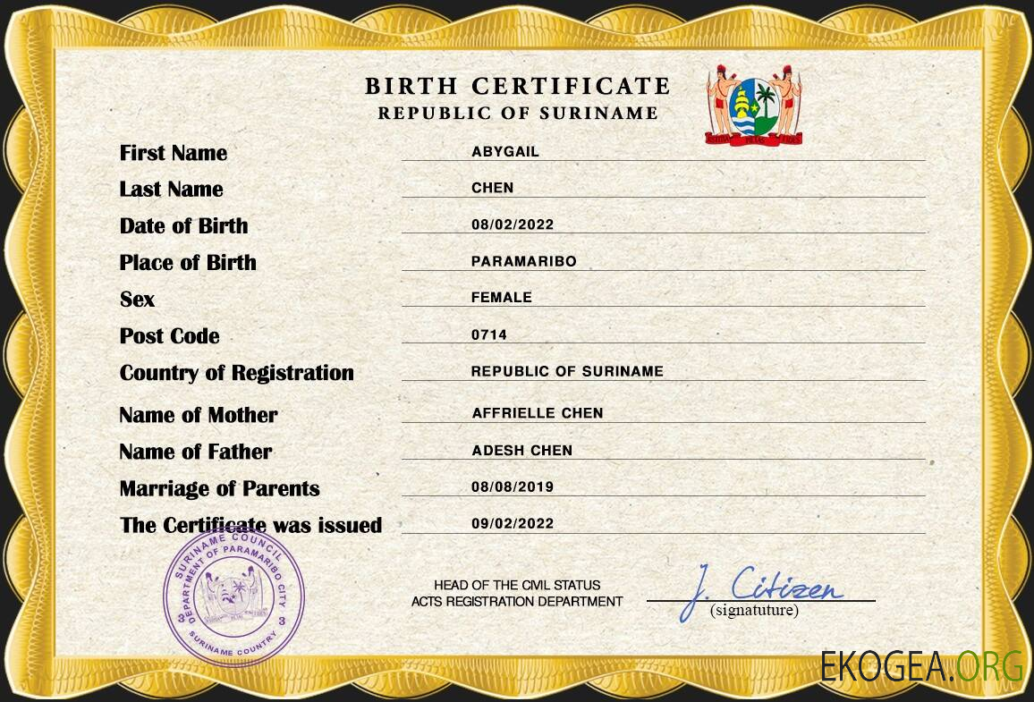 Modèle PSD d'acte de naissance au Suriname